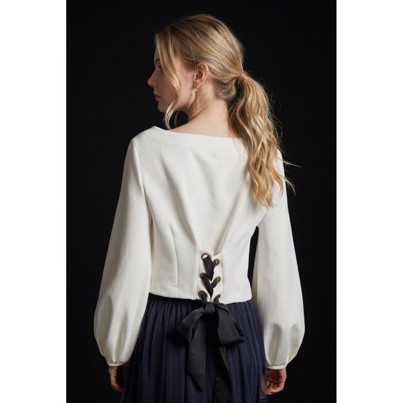 Maeve Tops - "Maeve" Anthropologie L Tie Back Ponte Pullover Lantern Puff Sleeve Cropped Bow